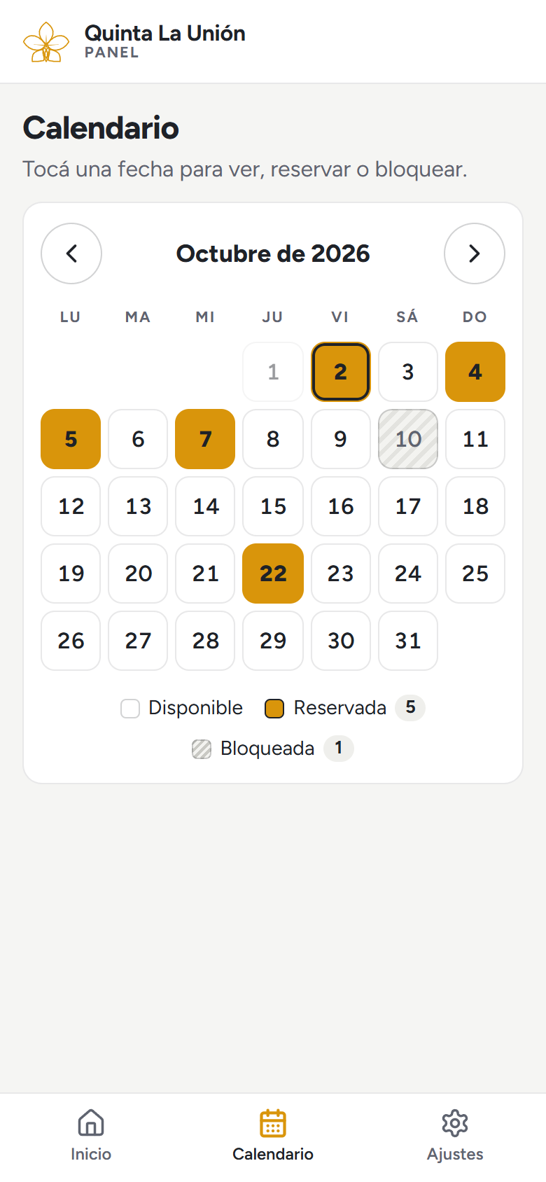 Calendario de reservas del panel de Quinta La Unión